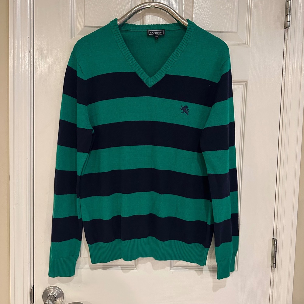 Express Mens V-Neck Sweater Large Green Navy Blue Striped Lion Logo Knit Top